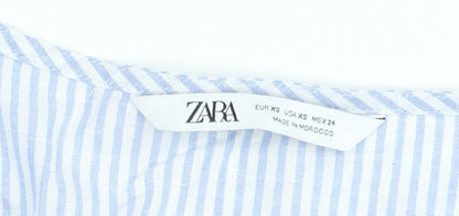 ZARA Women Blue Striped Cropped Puff Sleeve Blouse XS