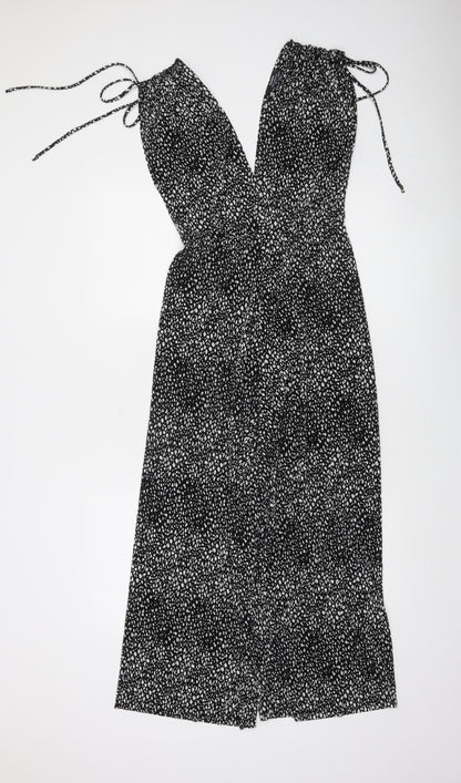 Bershka Women’s Black Animal Print Halter Wide-Leg Jumpsuit Size 8