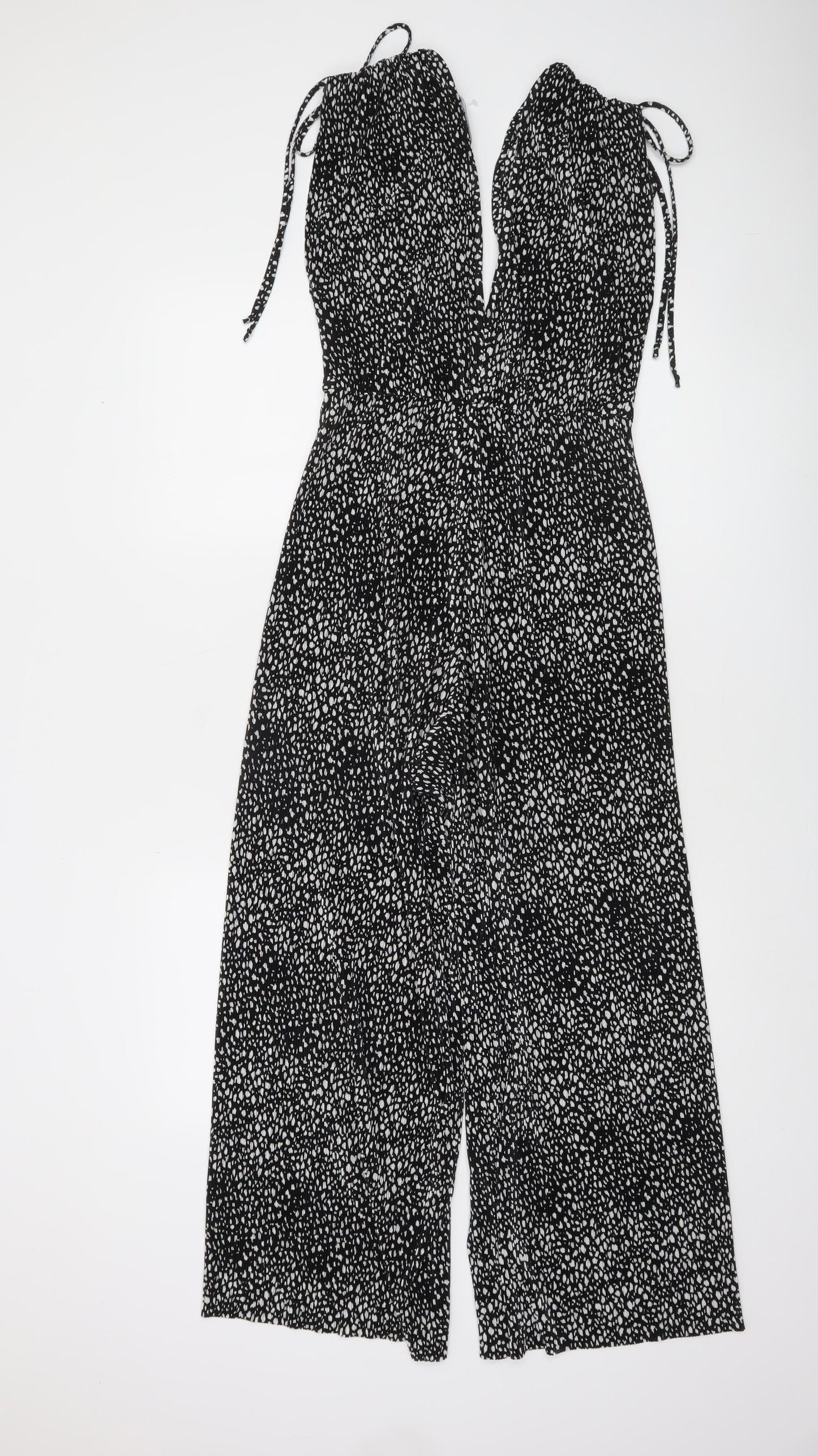 Bershka Women’s Black Animal Print Halter Wide-Leg Jumpsuit Size 8