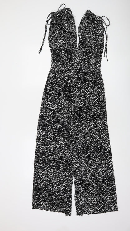 Bershka Women’s Black Animal Print Halter Wide-Leg Jumpsuit Size 8