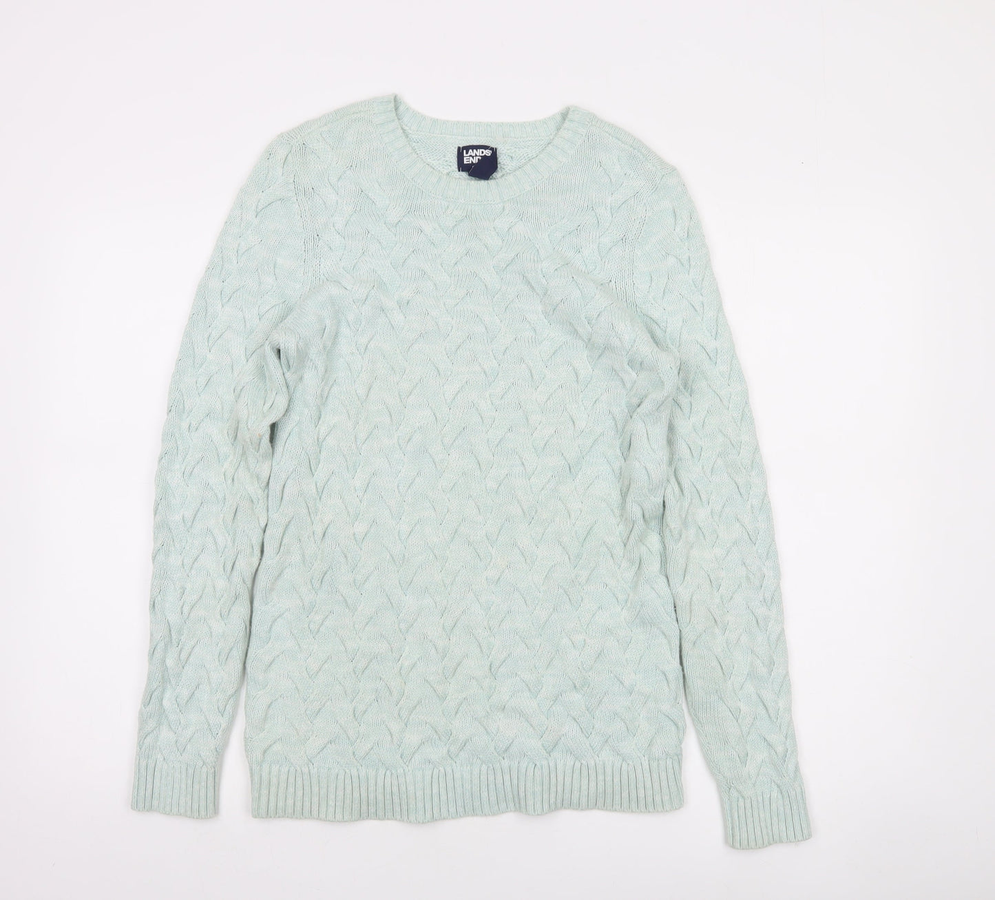 Lands' End Women's Green Cable-Knit Cotton Jumper XS