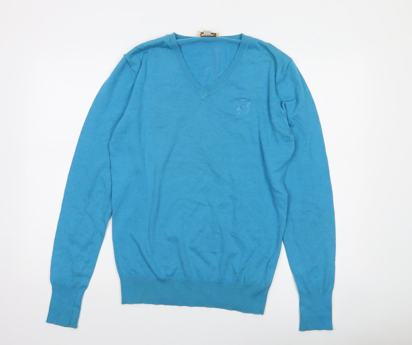 Diesel Men's Blue V-Neck Cotton Pullover Jumper Size S