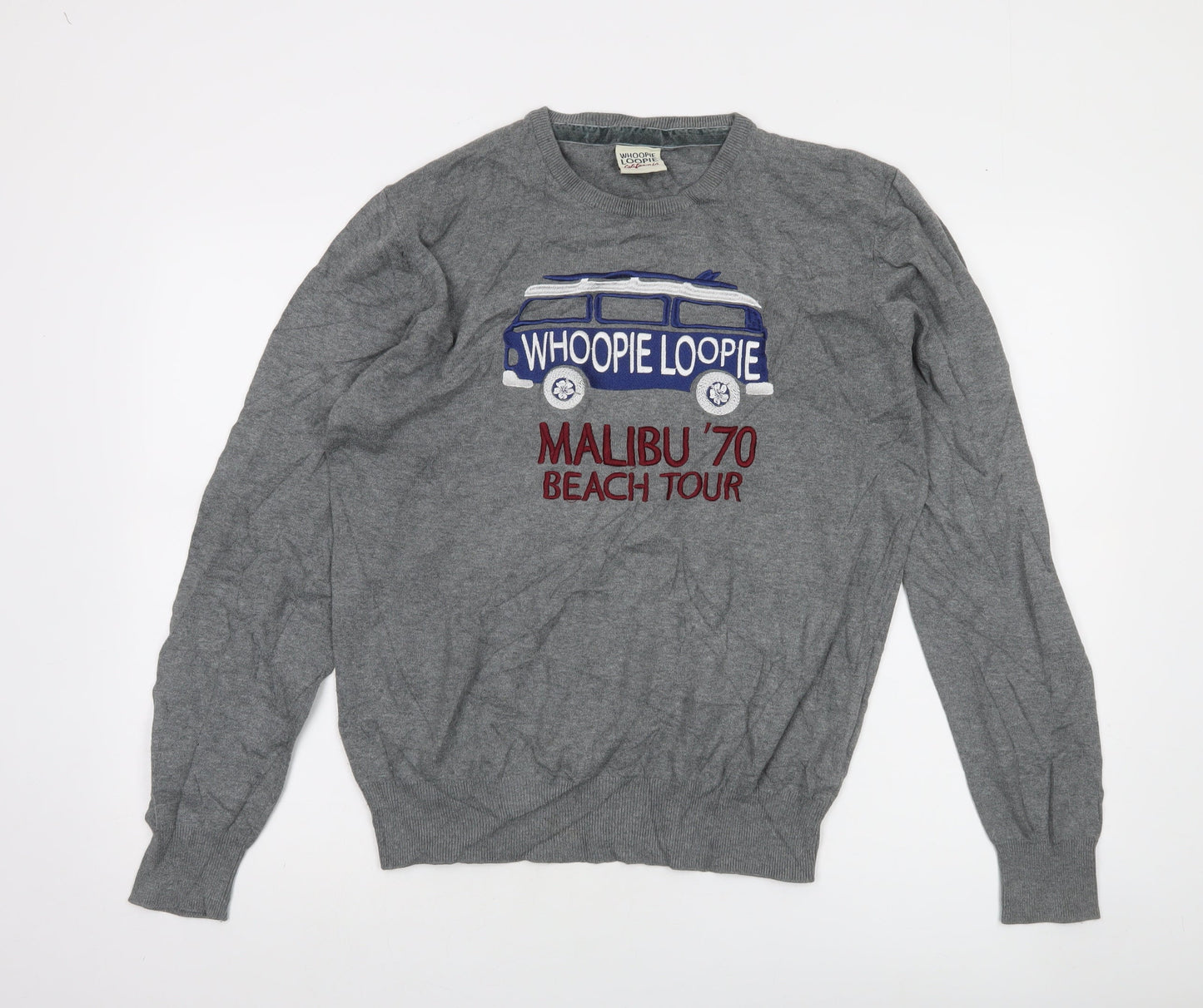 Whoopie Loopie Men's Grey Cotton Pullover Jumper L Malibu Embroidered