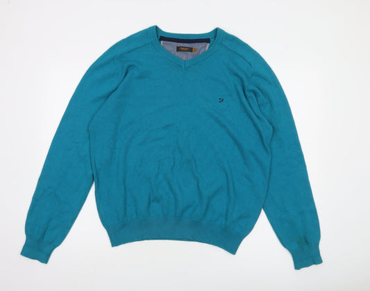 Farah Mens Blue L Cotton V-Neck Classic Knit Jumper