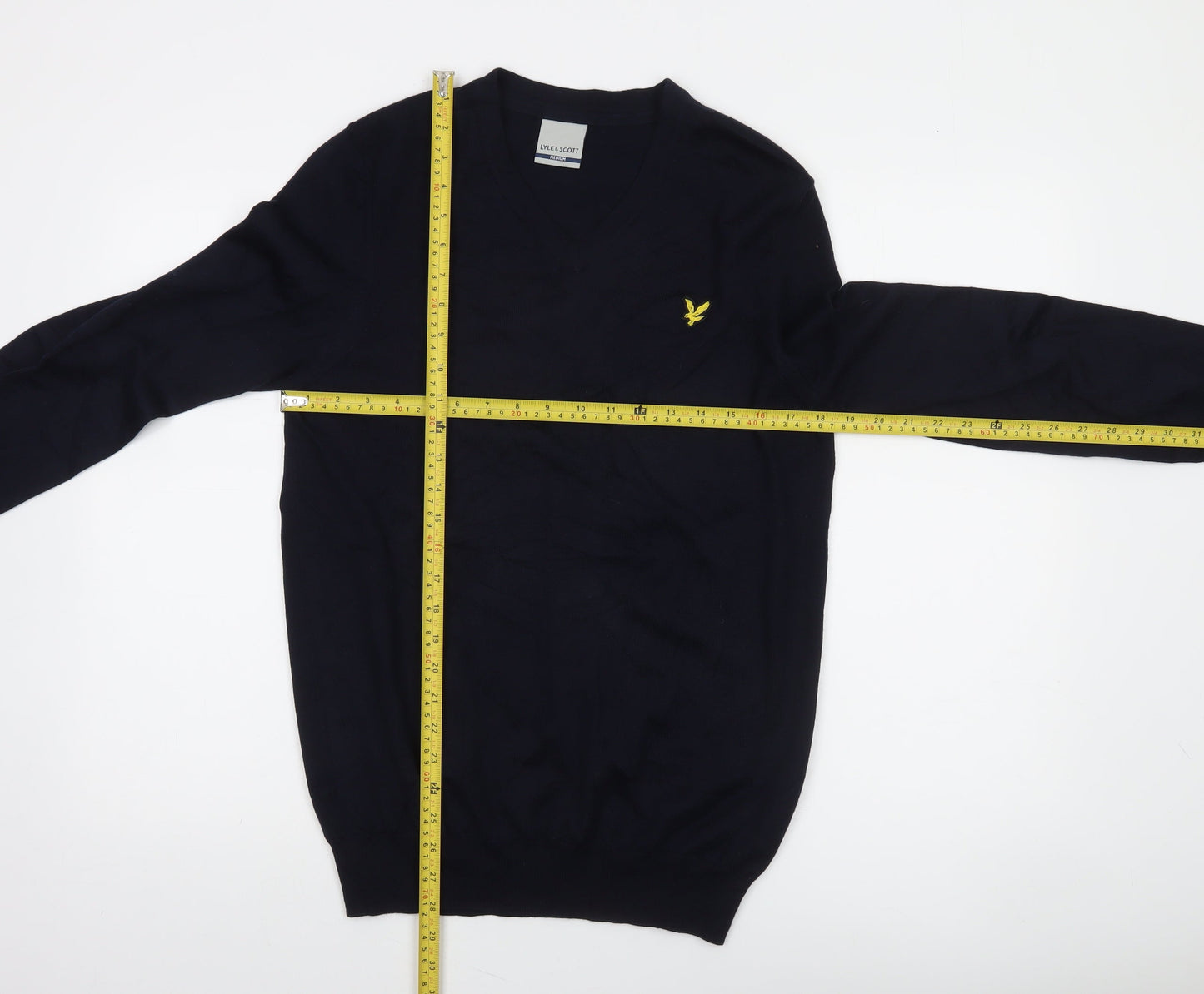 Lyle & Scott Men's Blue Wool V-Neck Jumper Medium