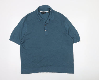 Ted Baker Men's Blue Cotton Blend Collared Henley Jumper XL
