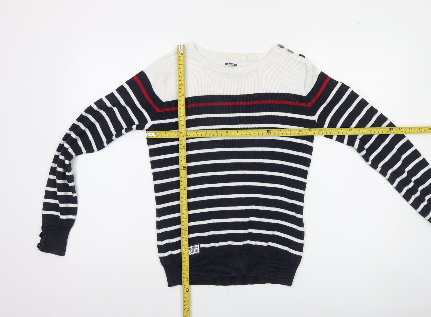 Voile Bleue Women's Blue Striped Cotton Boat Neck Jumper Size S