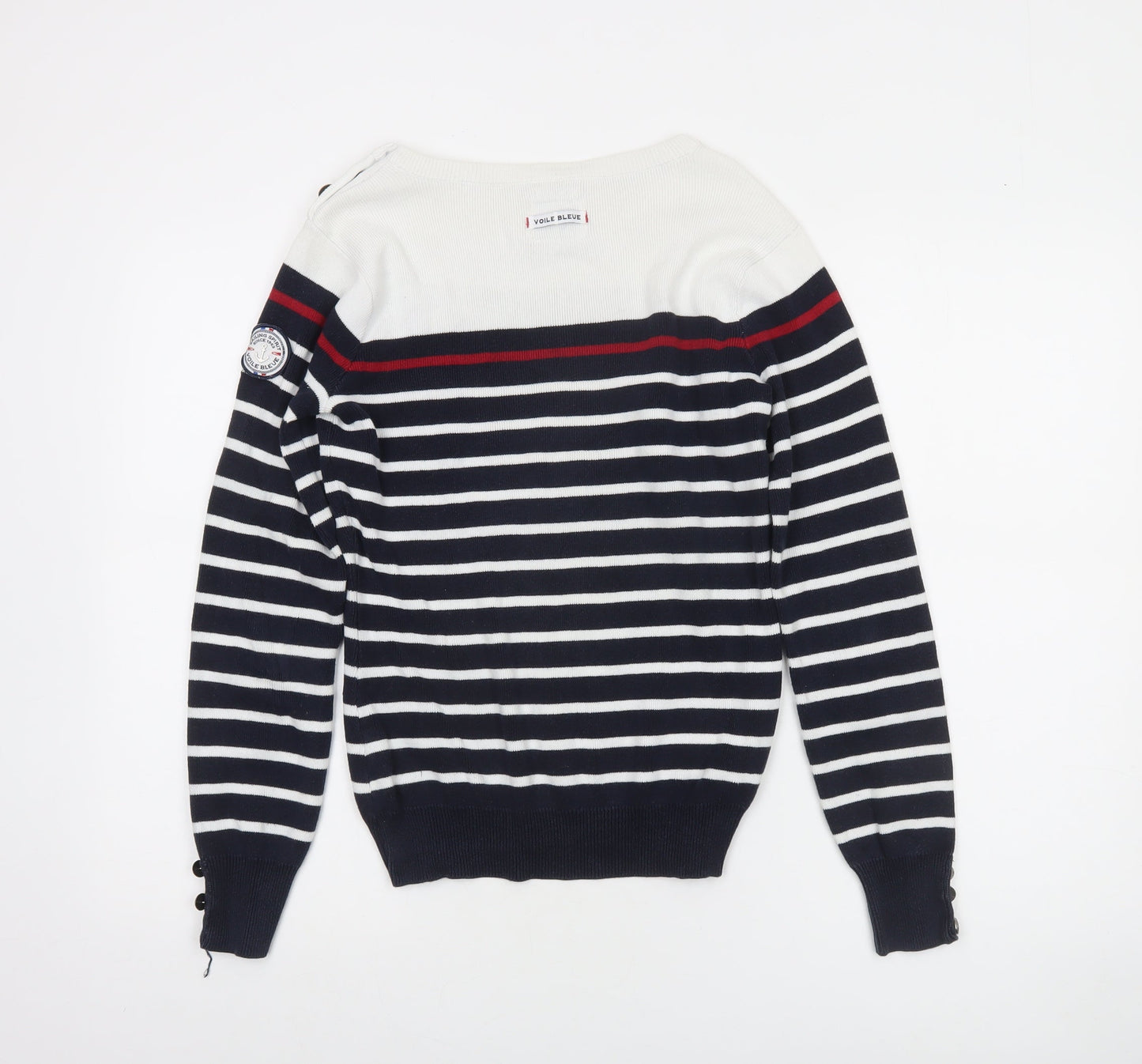 Voile Bleue Women's Blue Striped Cotton Boat Neck Jumper Size S
