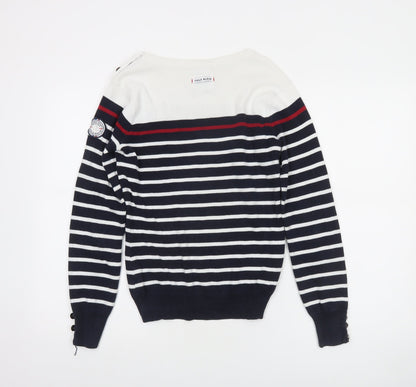 Voile Bleue Women's Blue Striped Cotton Boat Neck Jumper Size S