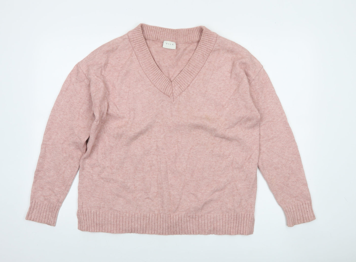 Vila Women’s Pink V-Neck Knit Jumper Size S Long Sleeve Pullover
