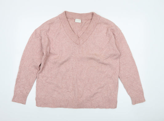 Vila Women’s Pink V-Neck Knit Jumper Size S Long Sleeve Pullover