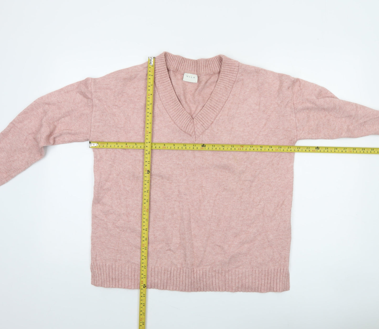 Vila Women’s Pink V-Neck Knit Jumper Size S Long Sleeve Pullover