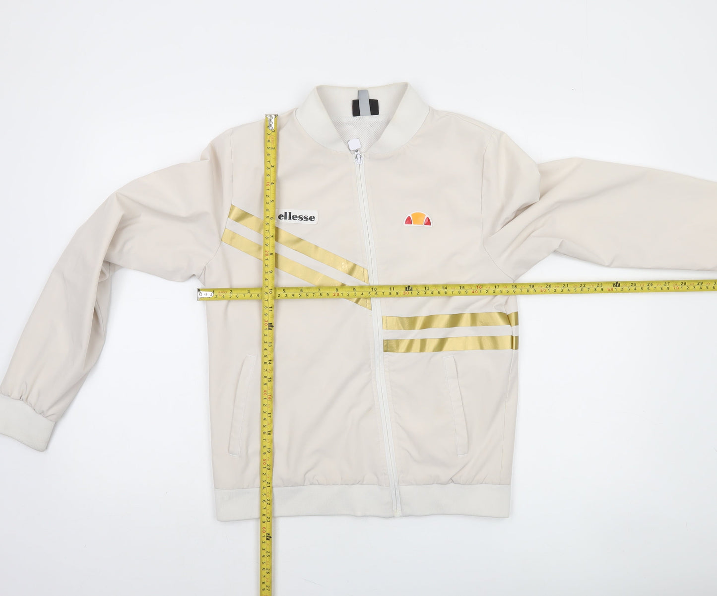 Ellesse Women’s Beige Bomber Jacket UK 10 Full Zip Retro Stripe