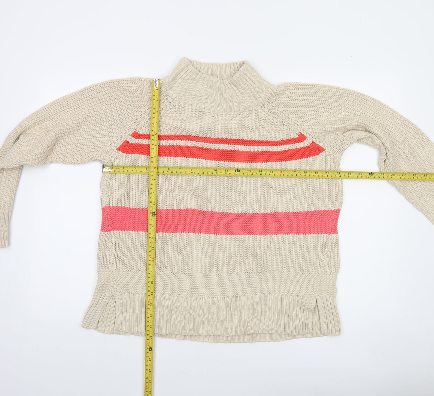 CC Heart Women’s Beige Roll Neck Striped Chunky Knit Jumper Size S