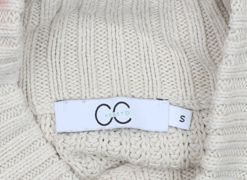 CC Heart Women’s Beige Roll Neck Striped Chunky Knit Jumper Size S