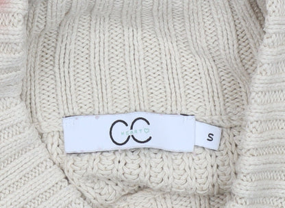 CC Heart Women’s Beige Roll Neck Striped Chunky Knit Jumper Size S