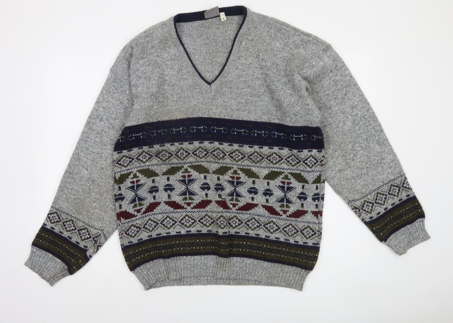 Invicta Men's Grey Fair Isle Wool Blend V-Neck Jumper Size L