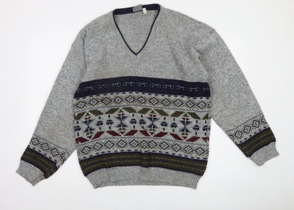 Invicta Men's Grey Fair Isle Wool Blend V-Neck Jumper Size L