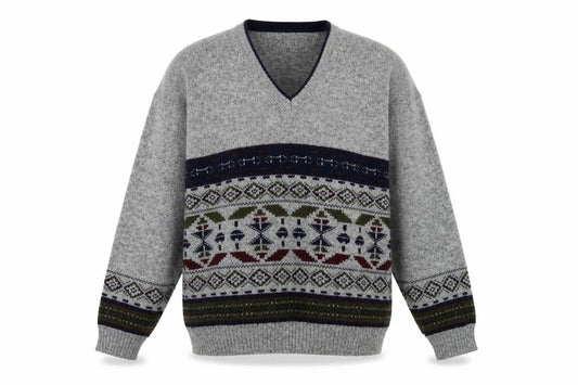 Invicta Men's Grey Fair Isle Wool Blend V-Neck Jumper Size L