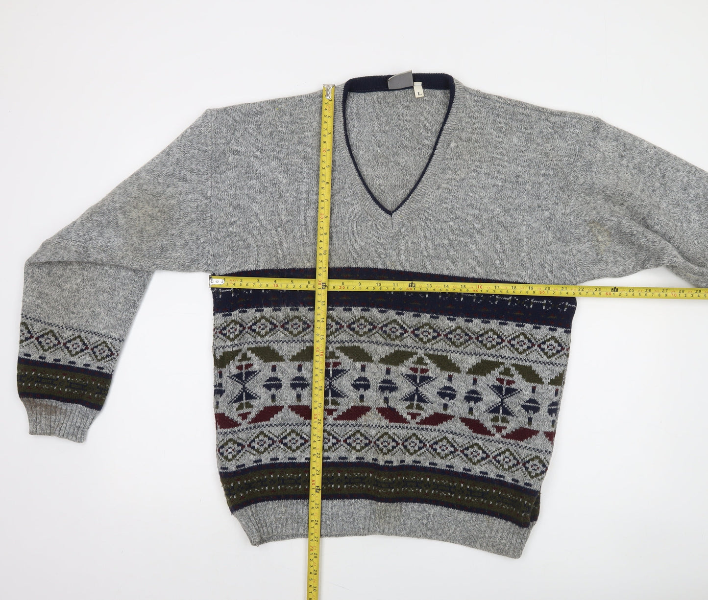 Invicta Men's Grey Fair Isle Wool Blend V-Neck Jumper Size L