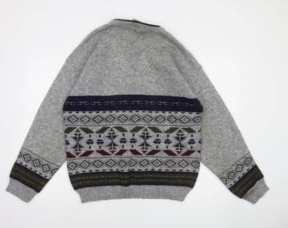 Invicta Men's Grey Fair Isle Wool Blend V-Neck Jumper Size L