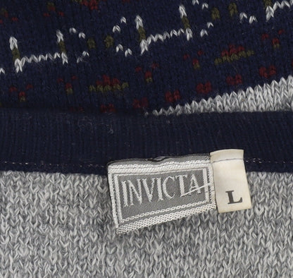 Invicta Men's Grey Fair Isle Wool Blend V-Neck Jumper Size L