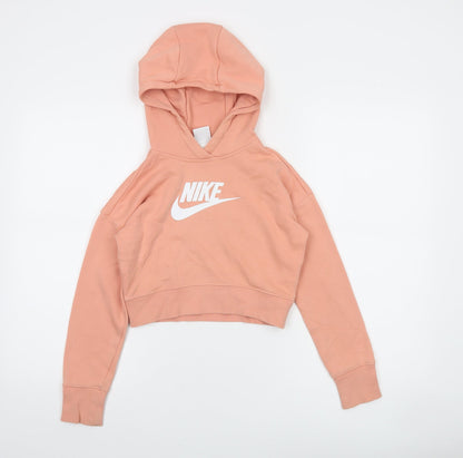 Nike Girls Peach Cropped Hoodie S 128-137 cm Fleece Pullover Sweatshirt