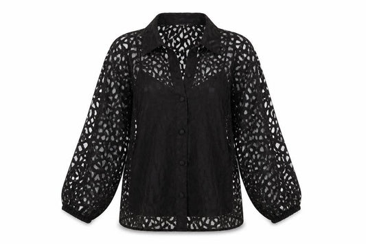 Savida Women’s Black Lace 3/4 Sleeve Collared Blouse Size 12