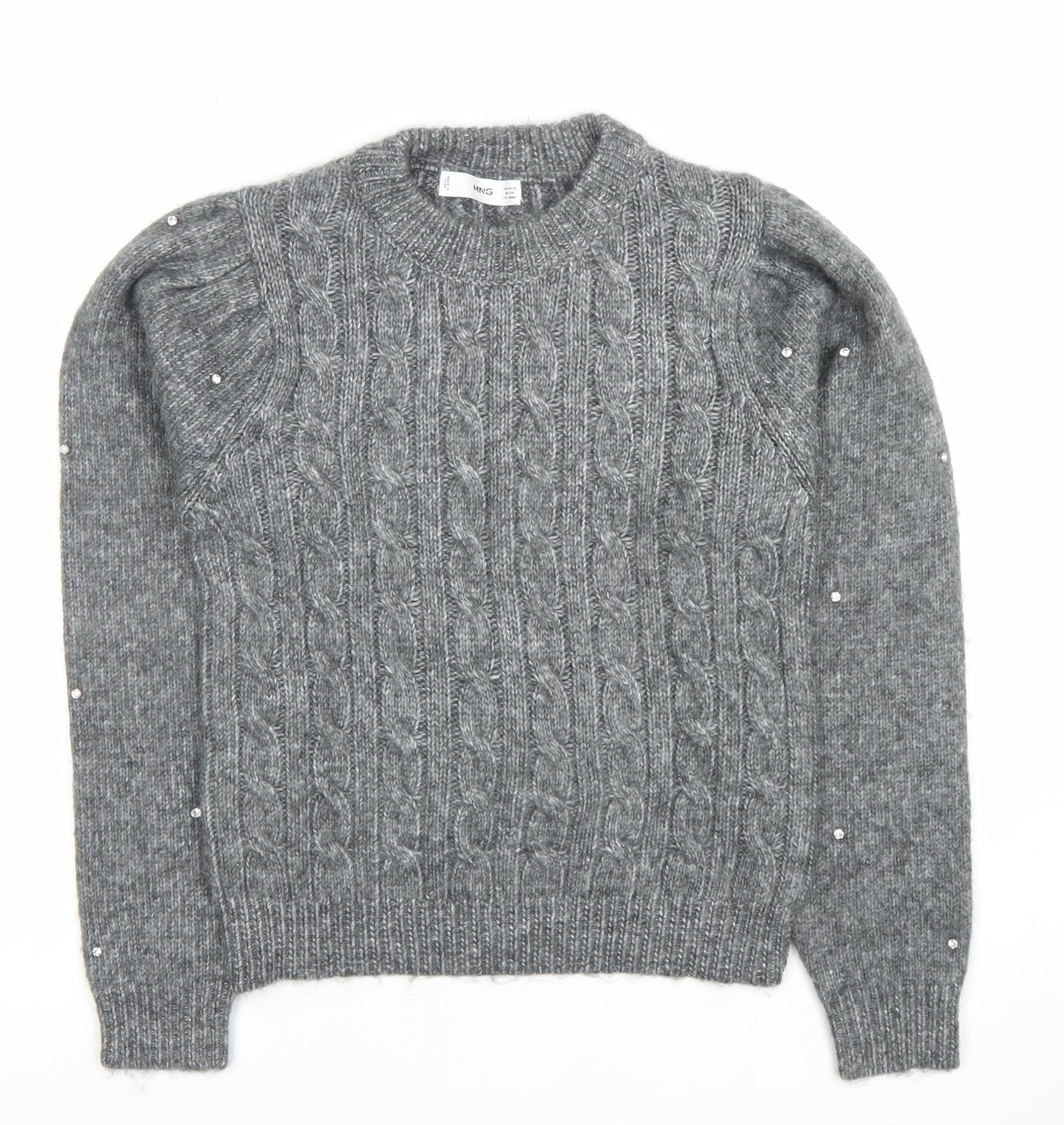 MNG Women's Grey Cable-Knit Beaded Pullover Jumper XS