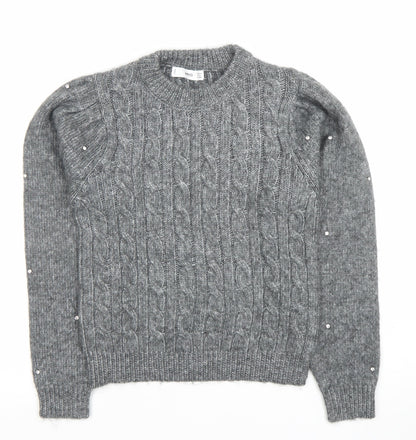 MNG Women's Grey Cable-Knit Beaded Pullover Jumper XS