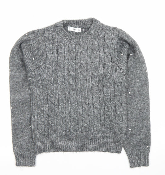 MNG Women's Grey Cable-Knit Beaded Pullover Jumper XS