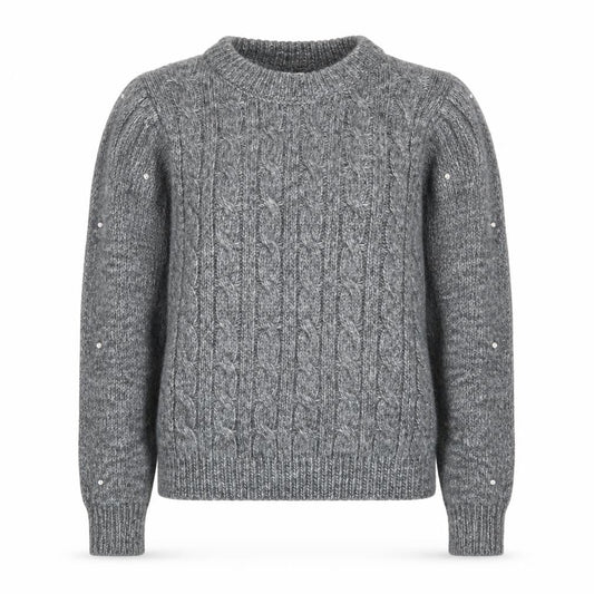 MNG Women's Grey Cable-Knit Beaded Pullover Jumper XS
