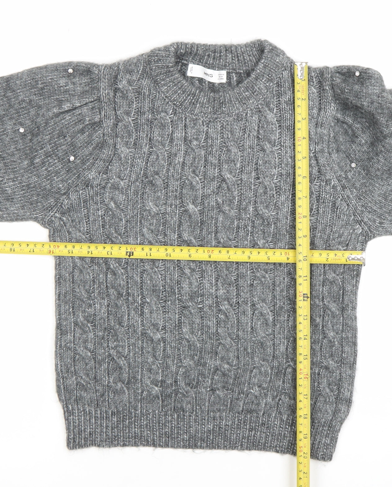 MNG Women's Grey Cable-Knit Beaded Pullover Jumper XS