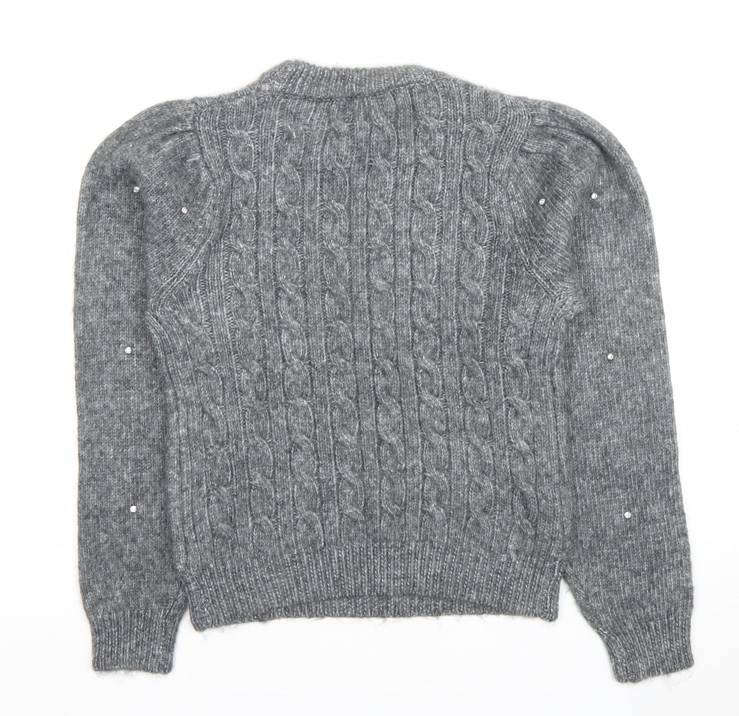 MNG Women's Grey Cable-Knit Beaded Pullover Jumper XS