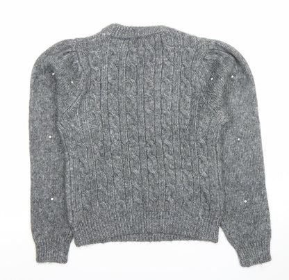 MNG Women's Grey Cable-Knit Beaded Pullover Jumper XS