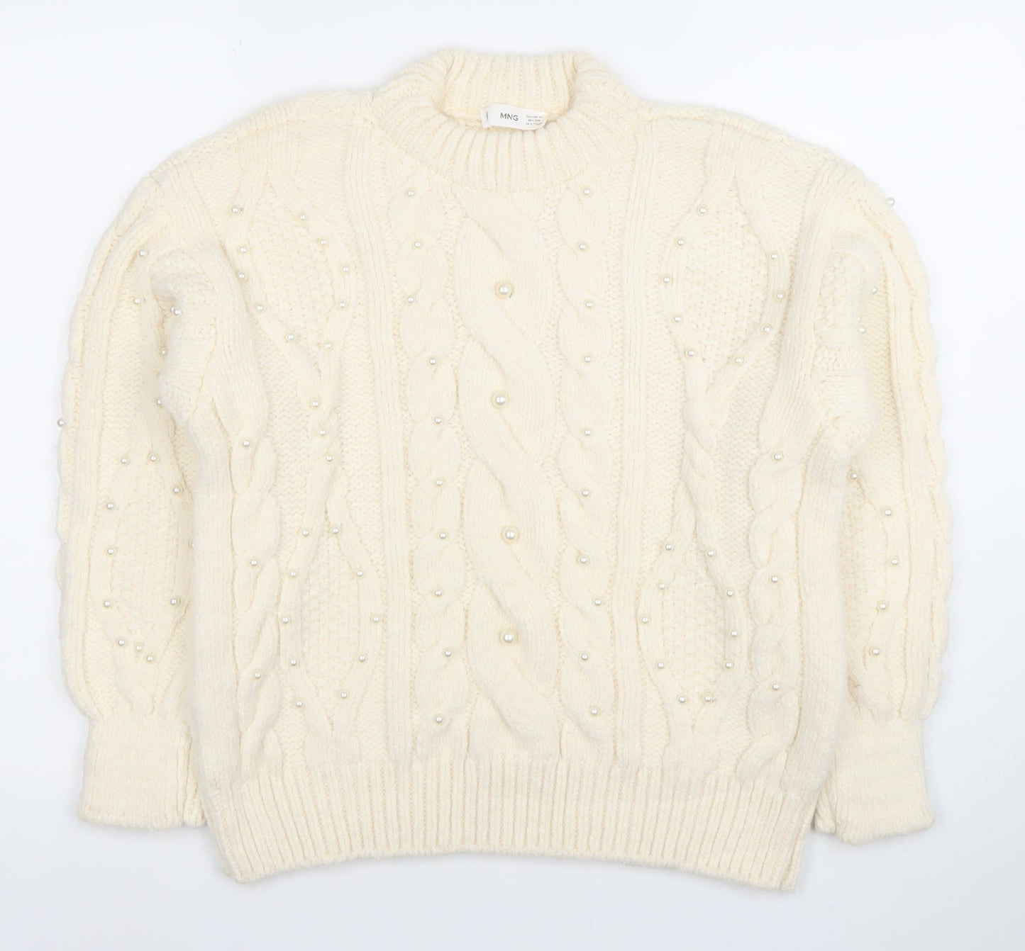 Mango Womens Ivory Cable-Knit Jumper XS Beaded Pearl Detail