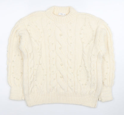 Mango Womens Ivory Cable-Knit Jumper XS Beaded Pearl Detail