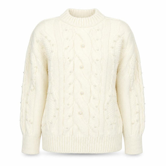 Mango Womens Ivory Cable-Knit Jumper XS Beaded Pearl Detail