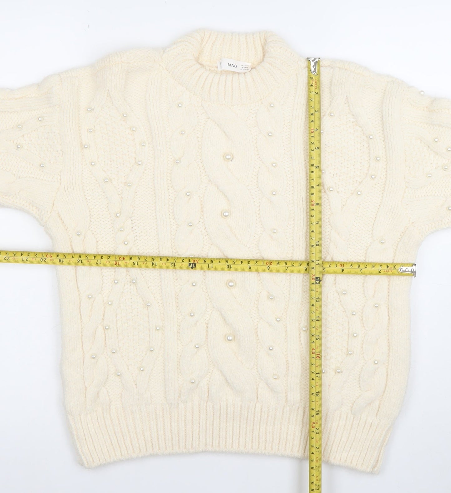 Mango Womens Ivory Cable-Knit Jumper XS Beaded Pearl Detail