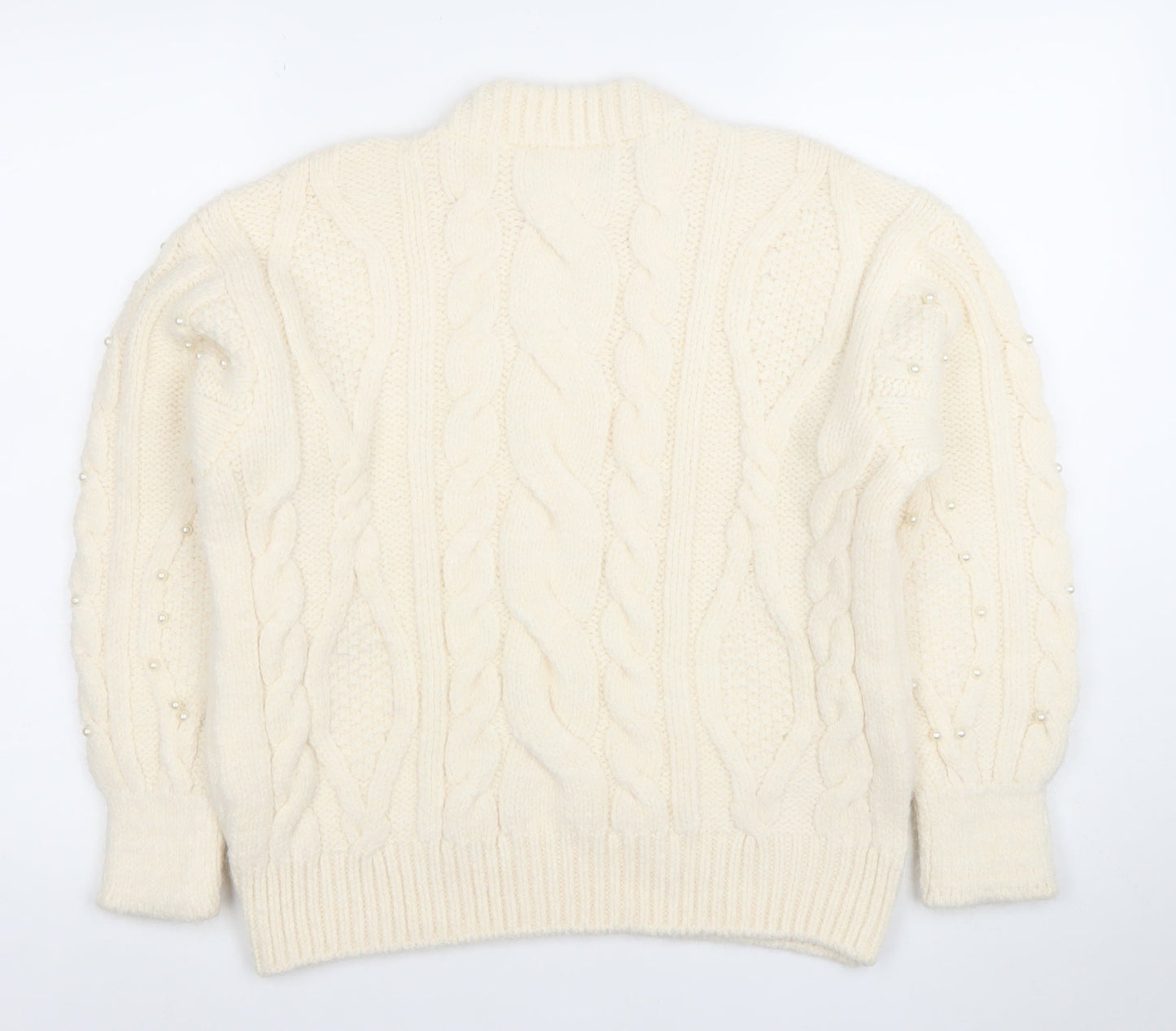 Mango Womens Ivory Cable-Knit Jumper XS Beaded Pearl Detail