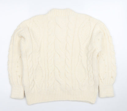Mango Womens Ivory Cable-Knit Jumper XS Beaded Pearl Detail