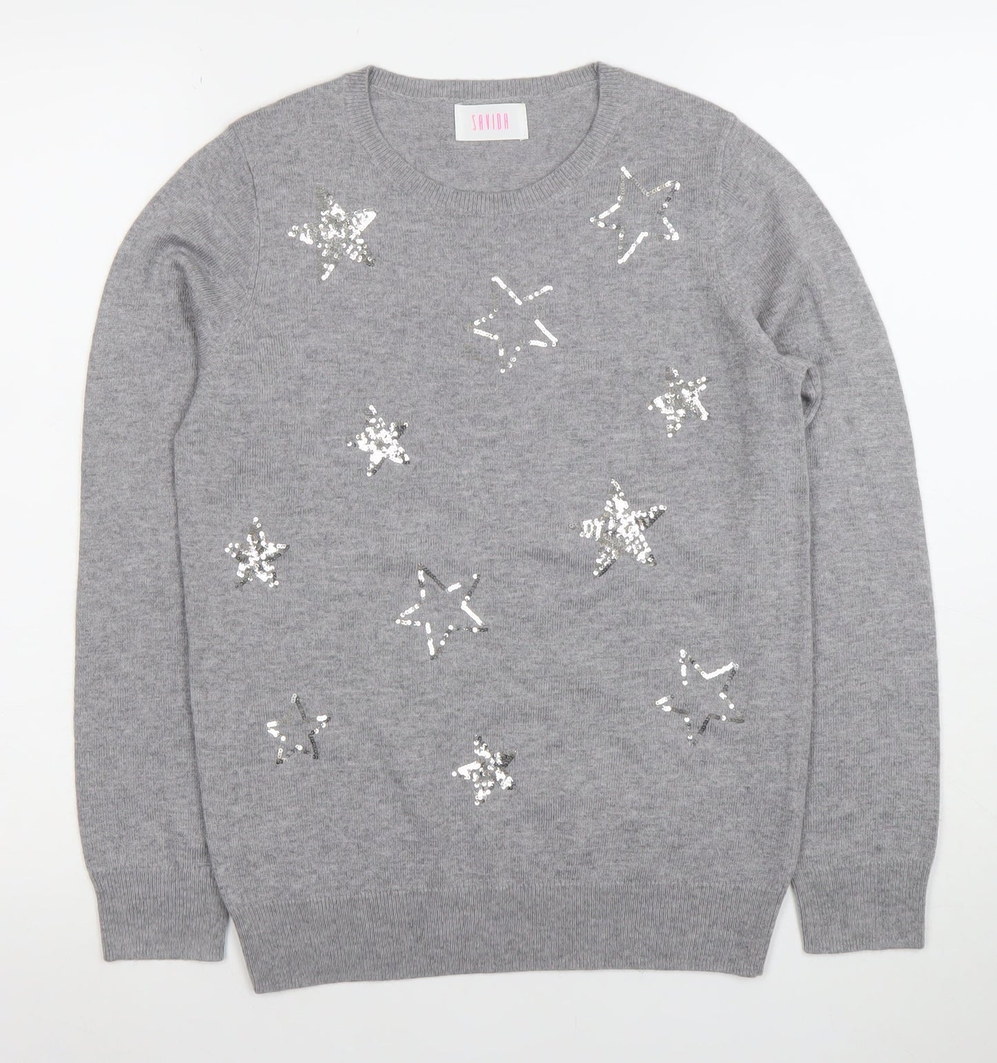 Savida Women's Grey Sequin Star Jumper XS Crew Neck Knit