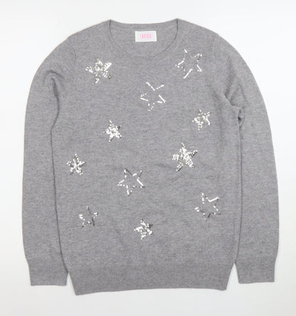 Savida Women's Grey Sequin Star Jumper XS Crew Neck Knit