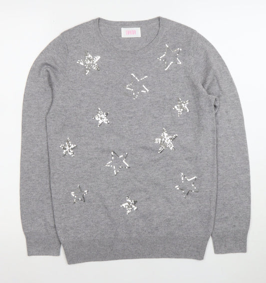 Savida Women's Grey Sequin Star Jumper XS Crew Neck Knit