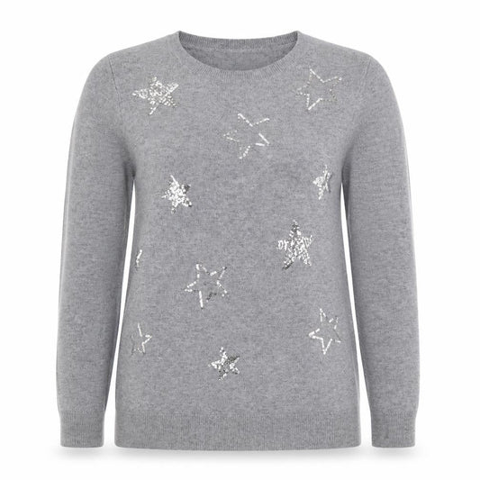 Savida Women's Grey Sequin Star Jumper XS Crew Neck Knit
