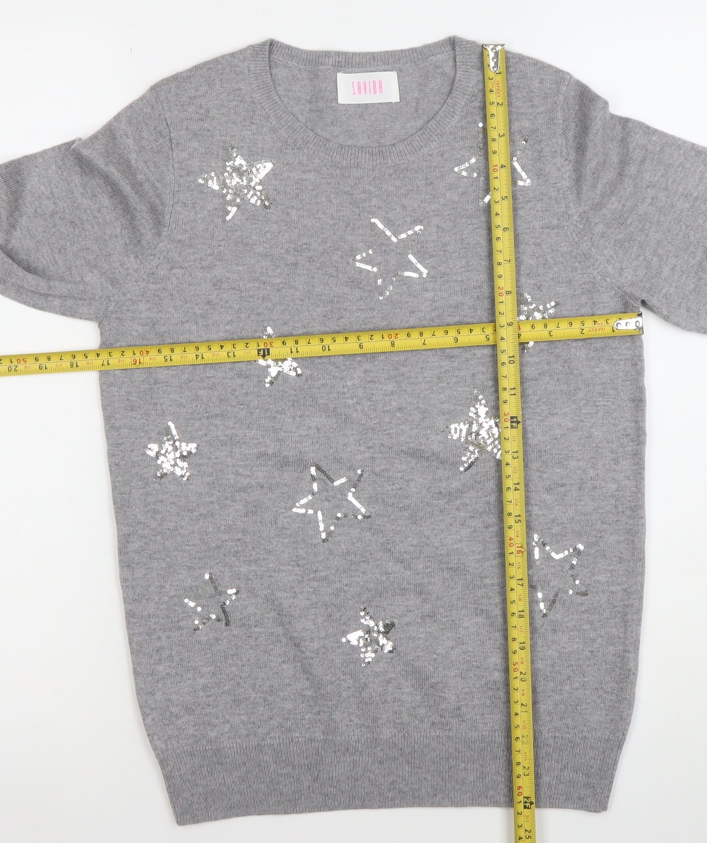 Savida Women's Grey Sequin Star Jumper XS Crew Neck Knit