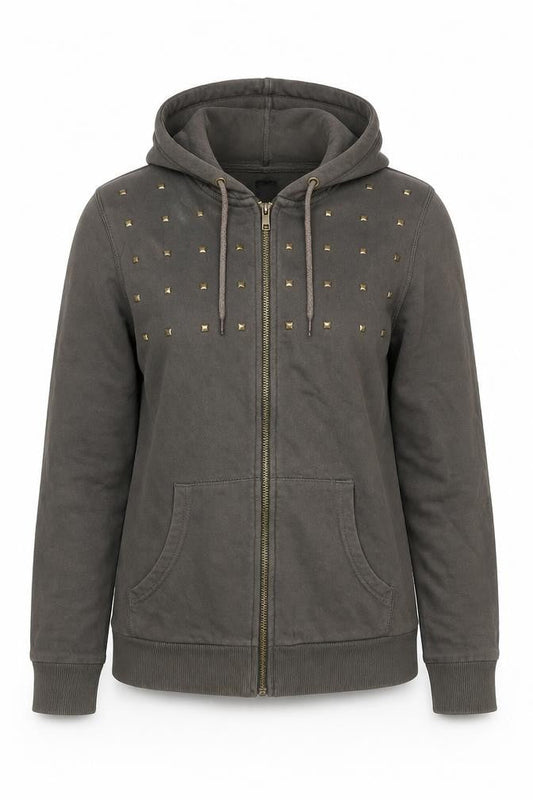 Front view of ASOS Women’s Brown Studded Full Zip Hoodie, size S, Hooded Sweatshirt