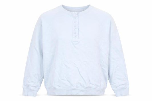 Front view of Crew Clothing women’s blue, size UK 10, henley sweatshirt cotton blend