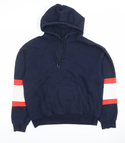 Monki Unisex Blue Small Pullover Hoodie with Red Stripe Sleeves