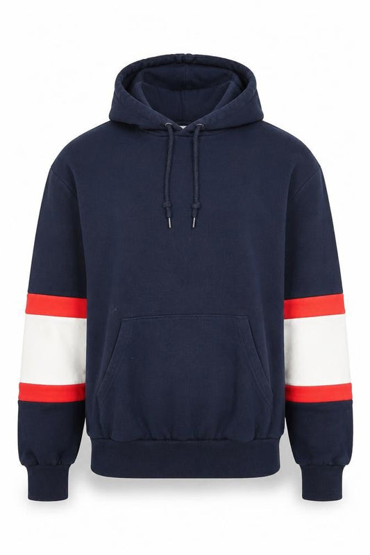 Front view of Monki unisex blue small pullover hoodie with red stripe sleeves
